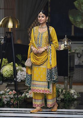 Yellow Embroidered Chinon Kurta set