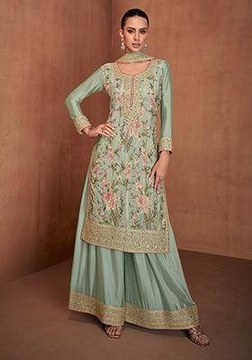 Sea Green Embroidered Chinon Kurta set
