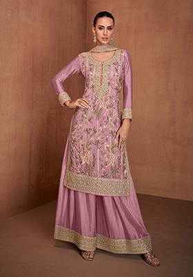 Pink Embroidered Chinon Kurta set