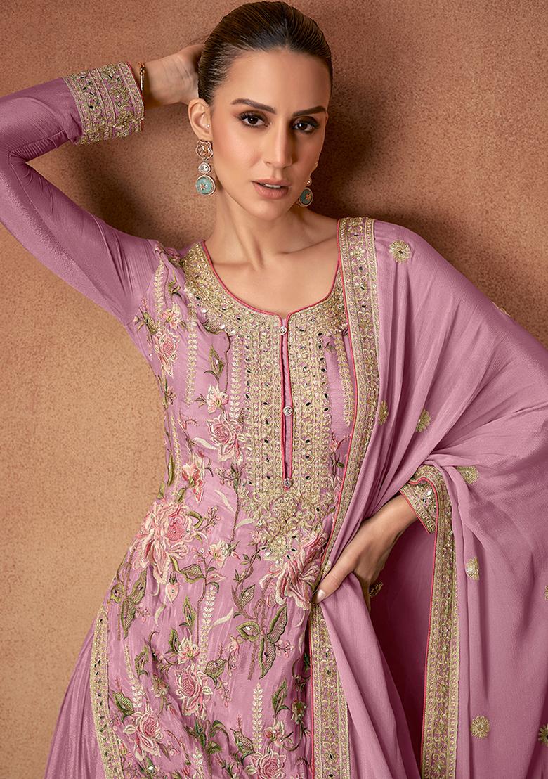 Pink Embroidered Chinon Kurta set
