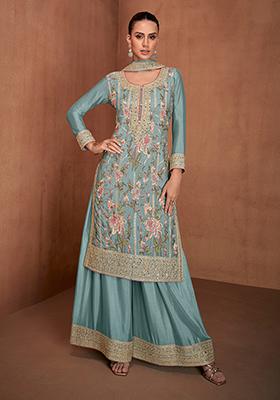 Sky Blue Embroidered Chinon Kurta set