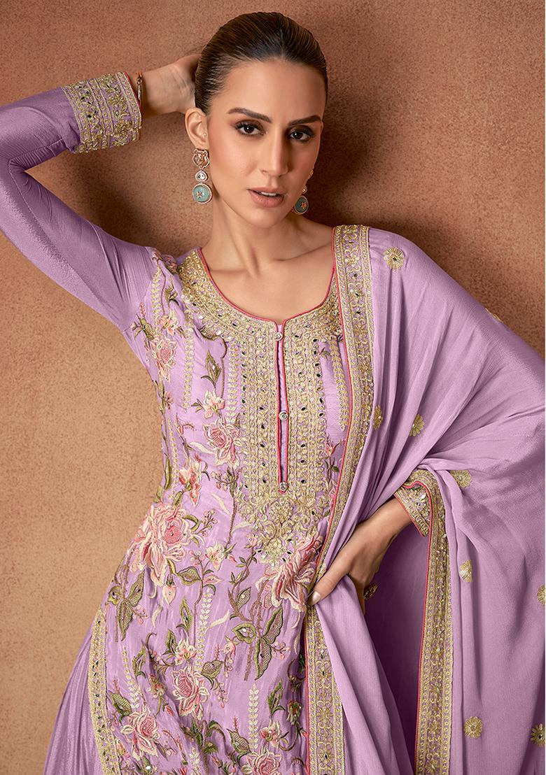 Lavender Embroidered Chinon Kurta set