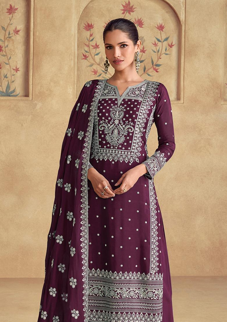 Dark Purple Embroidered Georgette Kurta set
