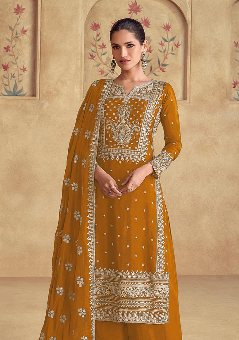 Mustard Embroidered Georgette Kurta set