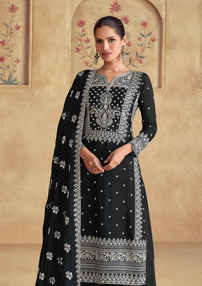 Black Embroidered Georgette Kurta set