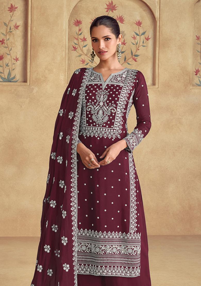 Wine Embroidered Georgette Kurta set
