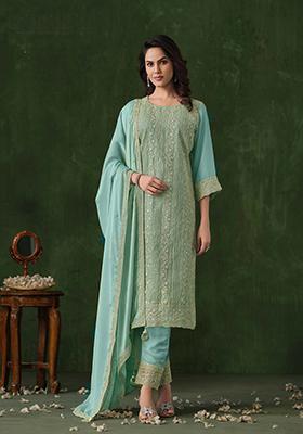 Turquoise Sequin Embroidered Georgette Kurta set