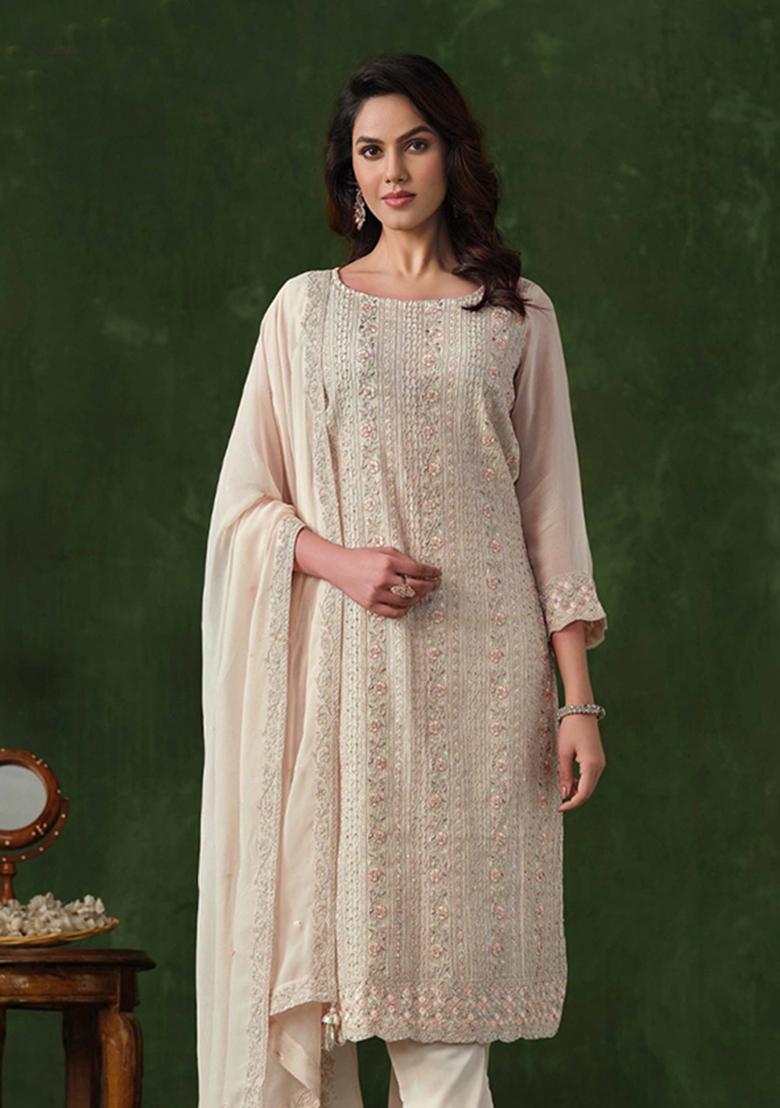 Cream Sequin Embroidered Georgette Kurta set