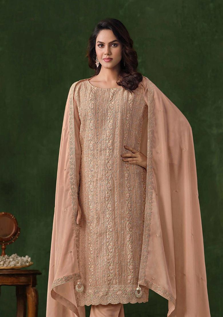 Peach Sequin Embroidered Georgette Kurta set