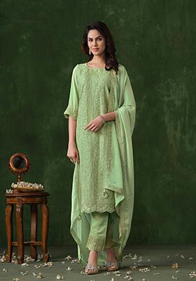 Light Green Sequin Embroidered Georgette Kurta set