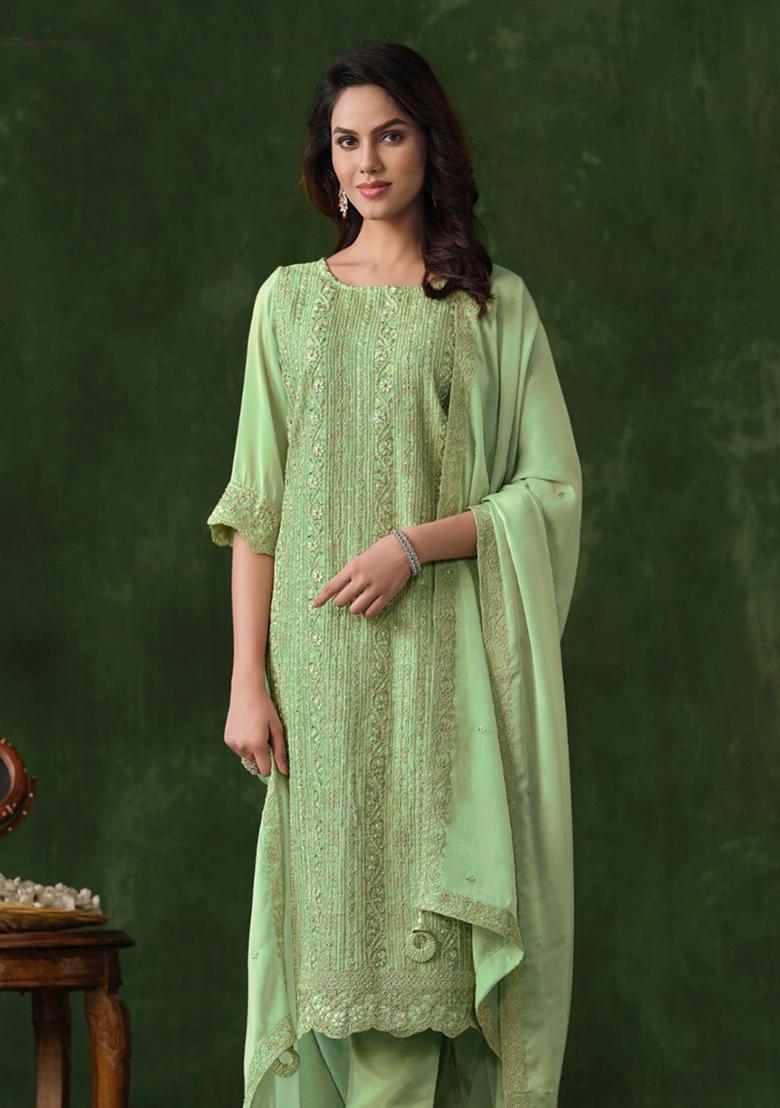 Light Green Sequin Embroidered Georgette Kurta set