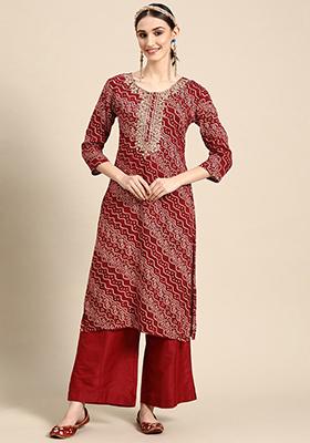 Maroon Bandhani Print Rayon Kurta set