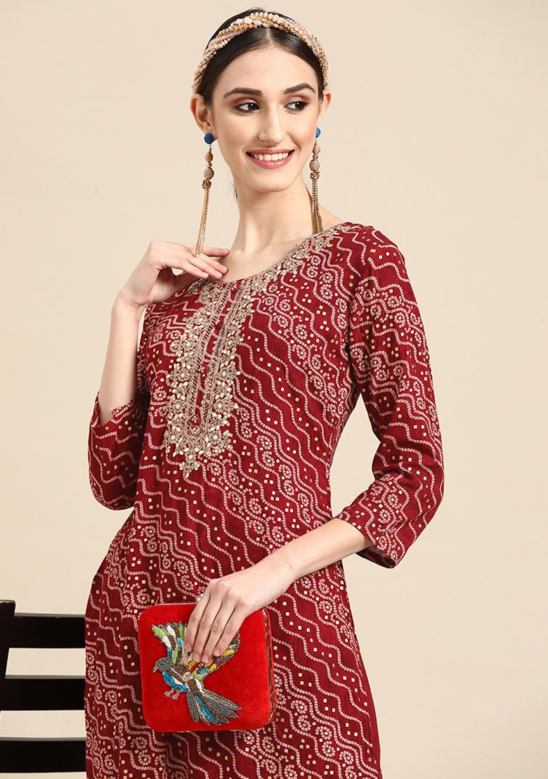 Maroon Bandhani Print Rayon Kurta set