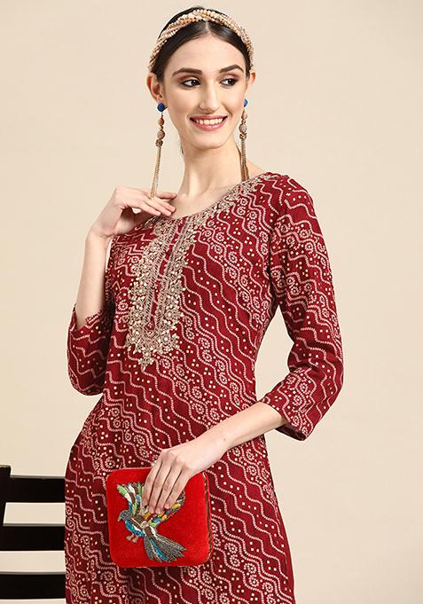 Women Multicolor Rayon Bandhani Printed & Embroidered Front Slit kurta,pant,dupatta & Belt Set