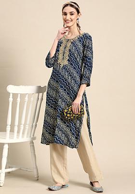 Navy Blue Bandhani Print Rayon Kurta set