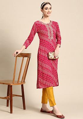Rani Pink Bandhani Print Rayon Kurta set