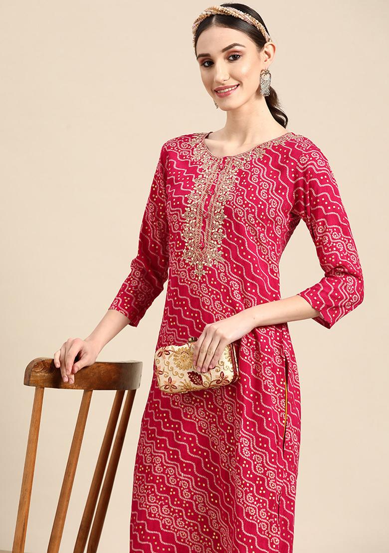 Rani Pink Bandhani Print Rayon Kurta set