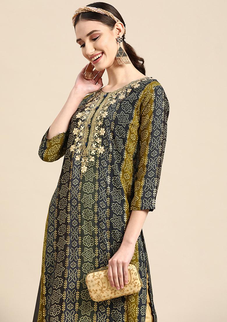 Dark Green Bandhani Print Rayon Kurta set