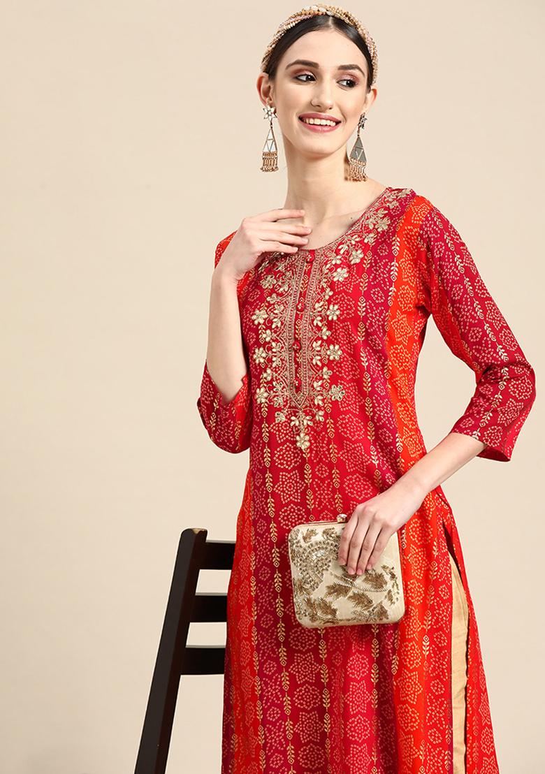 Red Bandhani Print Rayon Kurta set