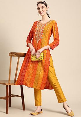 Orange Bandhani Print Rayon Kurta set