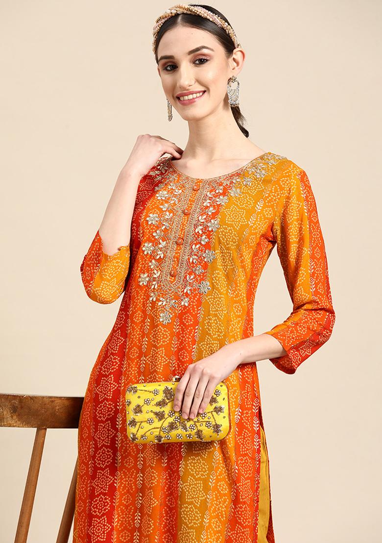 Orange Bandhani Print Rayon Kurta set