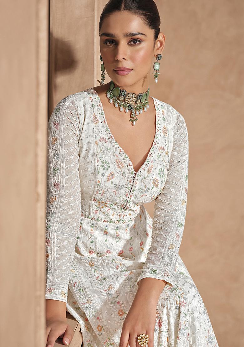White Embroidered Chinon Kurta set