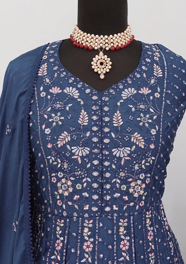 Navy Blue Embroidered Chinon Kurta set