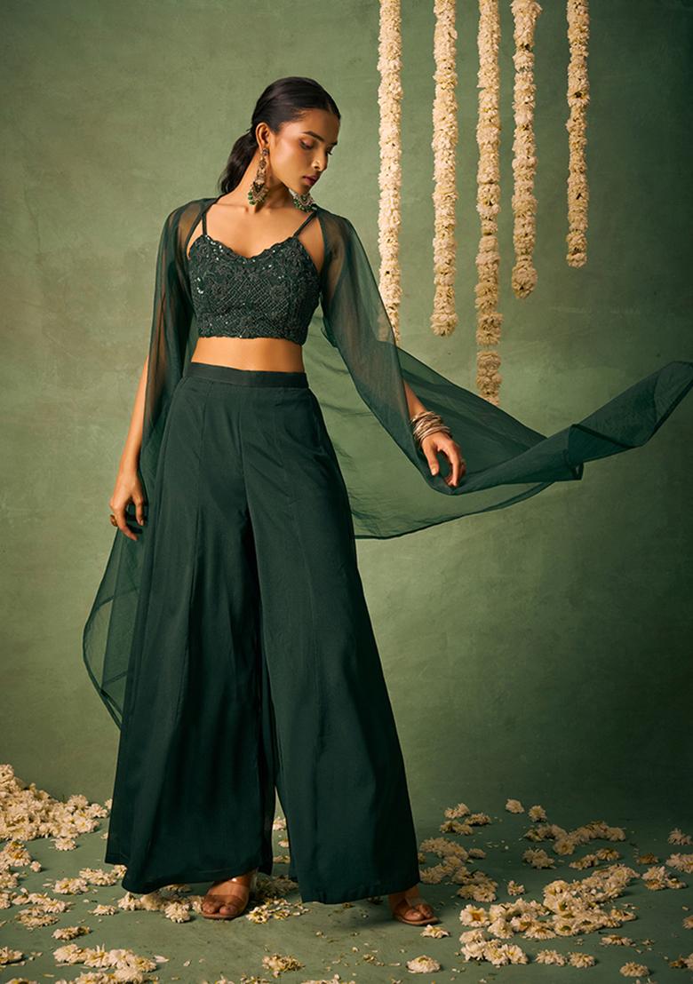 Dark Green Embroidered Chinon Kurta set