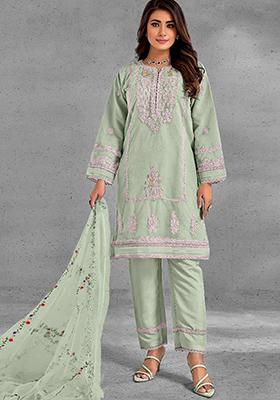 Pista Green Embroidered Organza Kurta set
