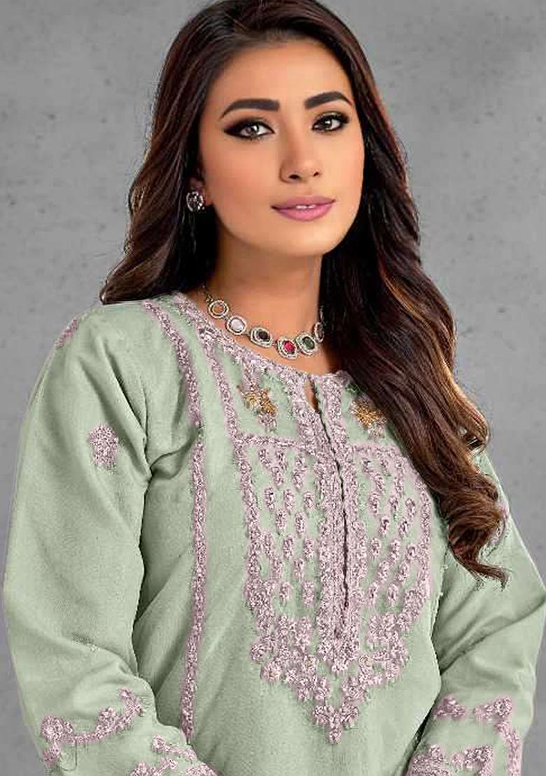 Pista Green Embroidered Organza Kurta set