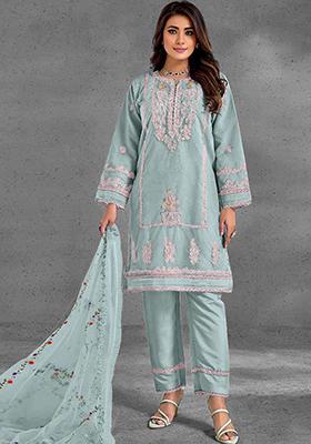 Sky Blue Embroidered Organza Kurta set