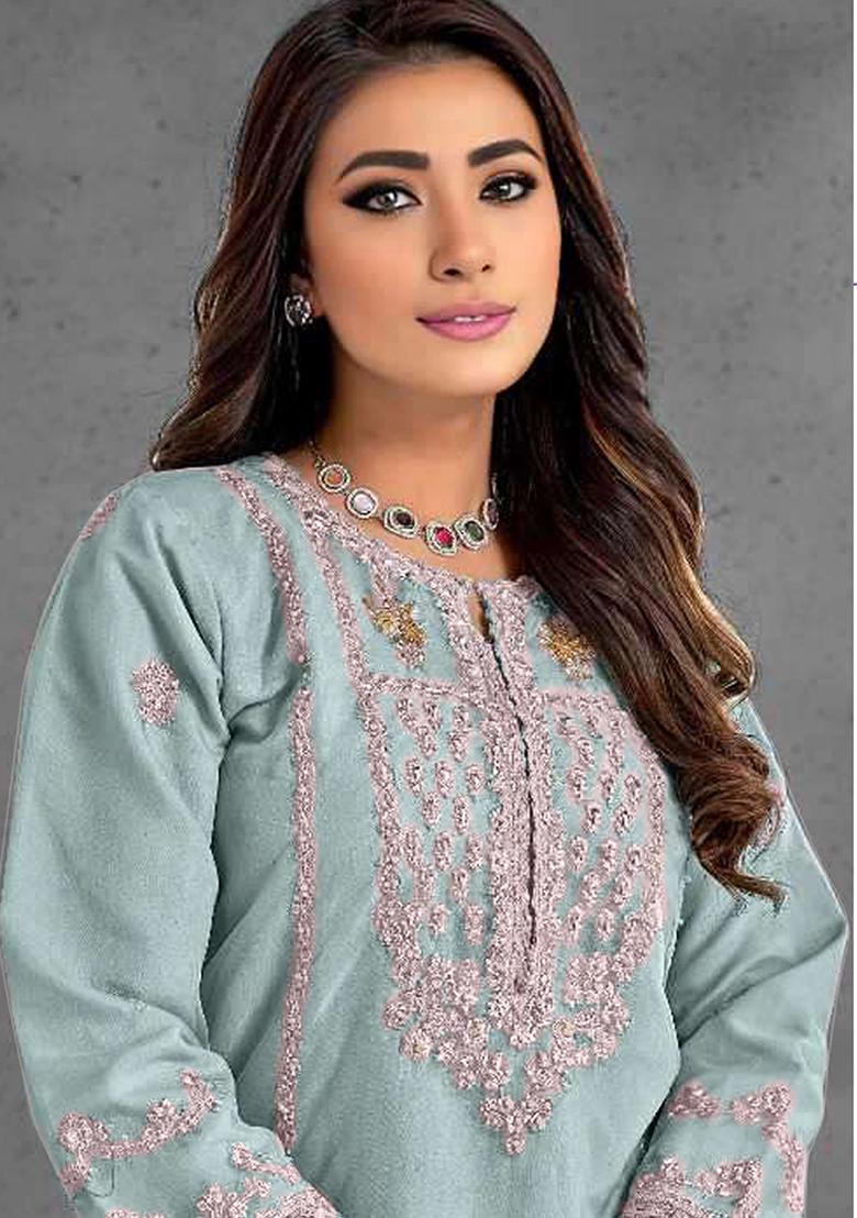 Sky Blue Embroidered Organza Kurta set