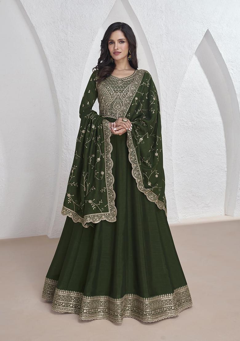 Dark Green Embroidered Organza Kurta set