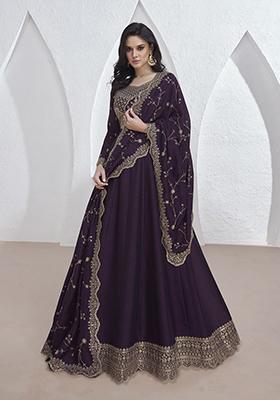 Dark Purple Embroidered Organza Kurta set
