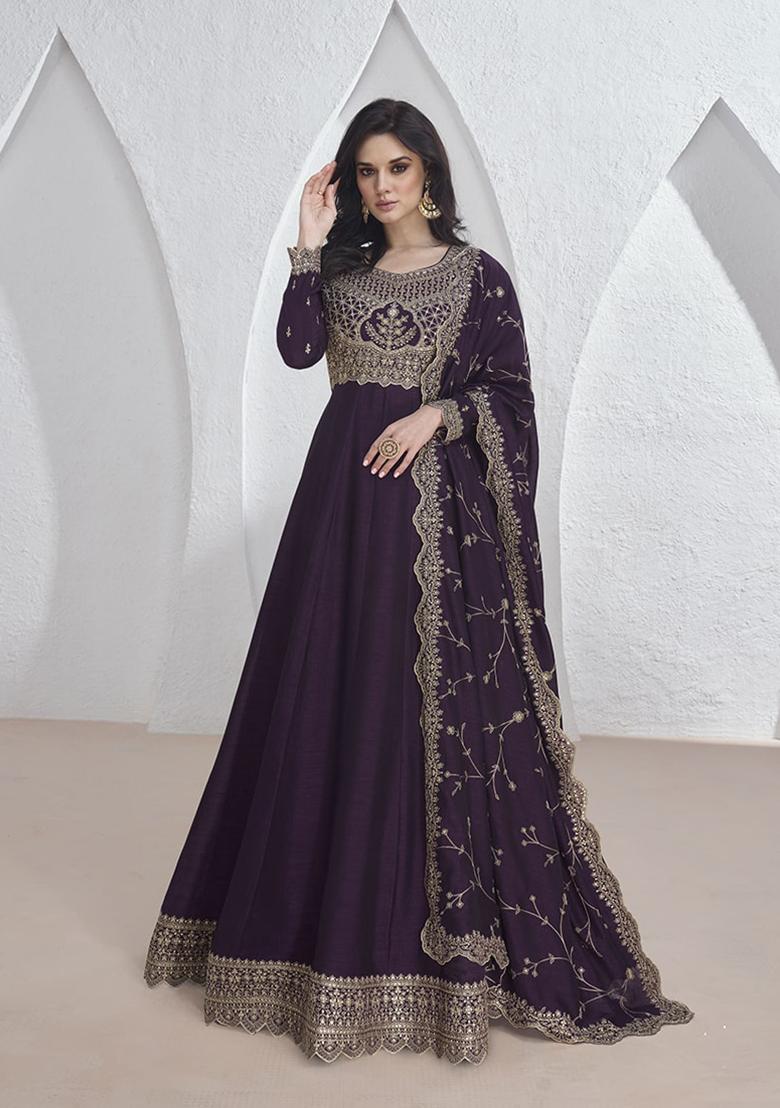 Dark Purple Embroidered Organza Kurta set