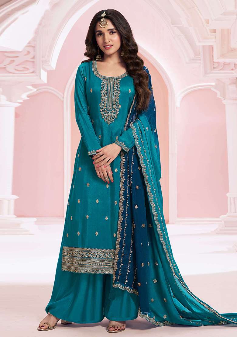 Teal Embroidered Silk Blend Sharara Set - Indya