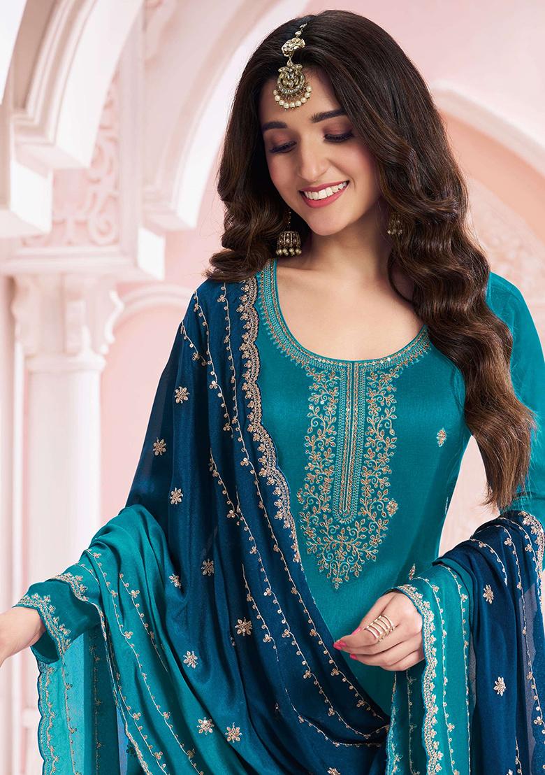 Teal Zari Silk Kurta Set