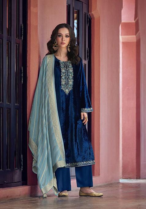 Blue Zari Velvet Kurta Set