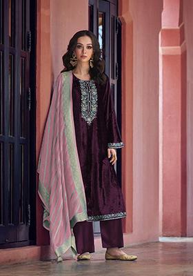 Purple Zari Velvet Kurta Set