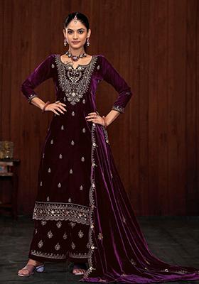 Purple Zari Velvet Kurta Set