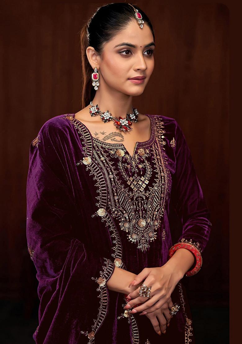 Purple Zari Velvet Kurta Set