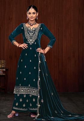 Green Zari Velvet Kurta Set