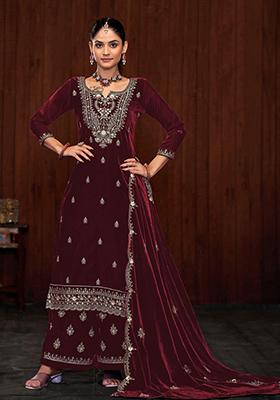 Maroon Zari Velvet Kurta Set