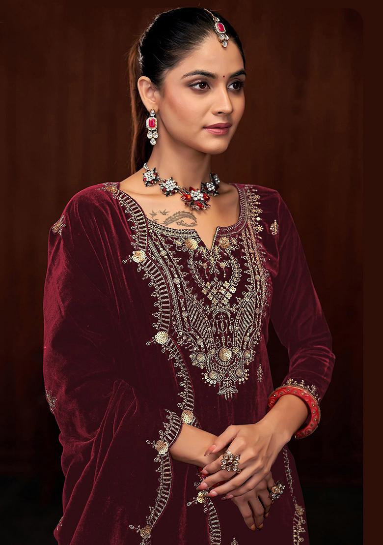 Maroon Zari Velvet Kurta Set