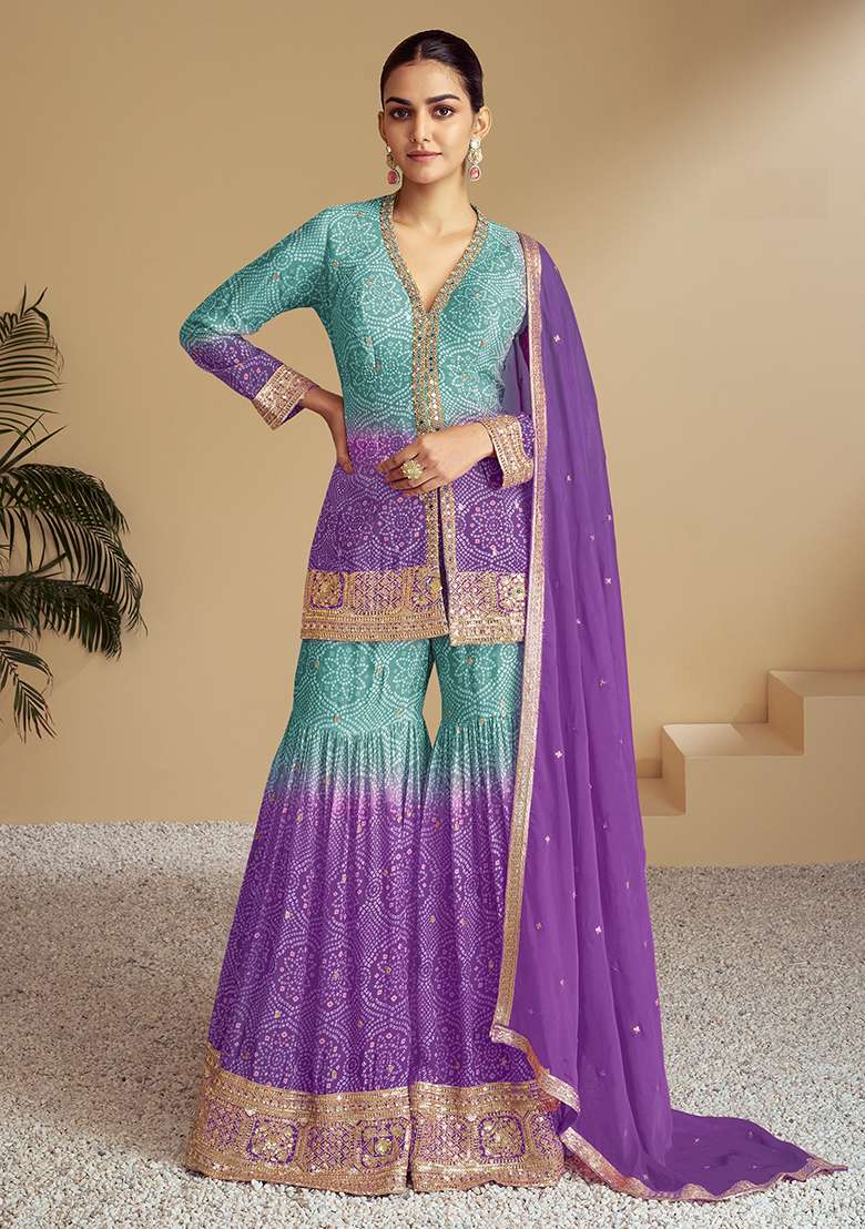 Purple Embroidered Silk Sharara Set - Indya