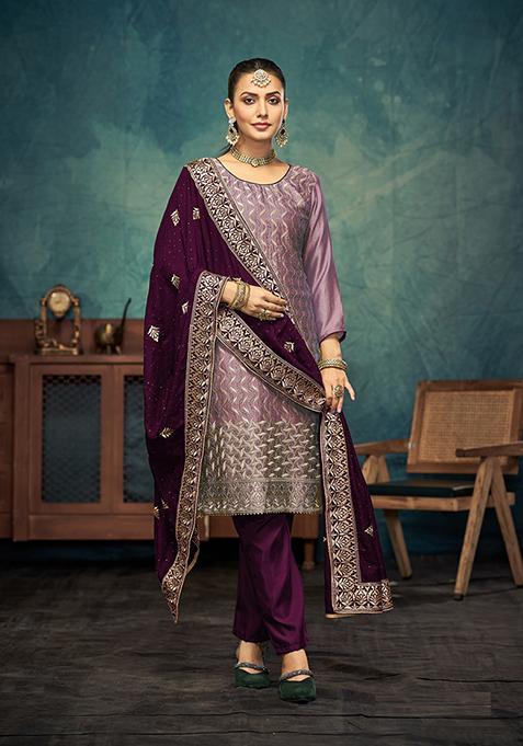 Purple Zari Silk Kurta Set