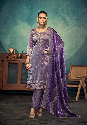Purple Embroidered Silk Kurta Set