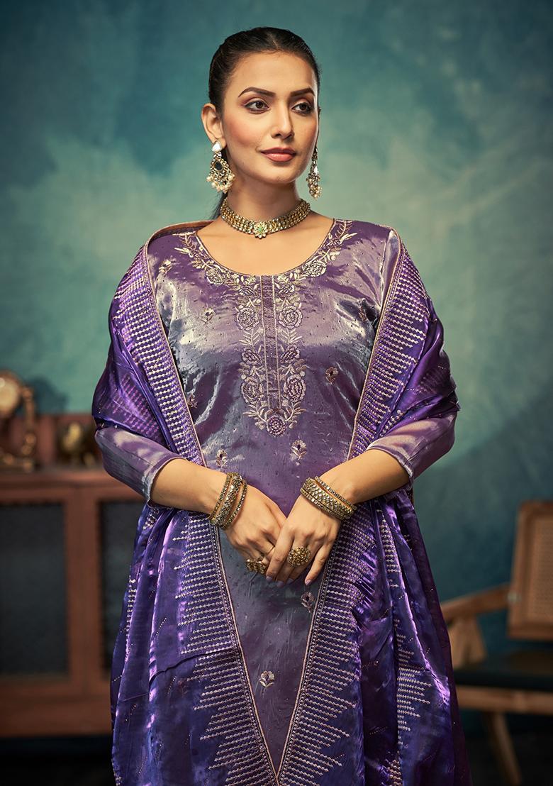 Purple Embroidered Silk Kurta Set