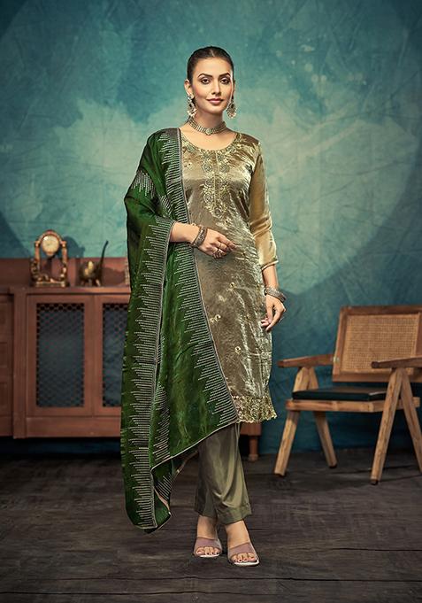 Green Embroidered Silk Kurta Set