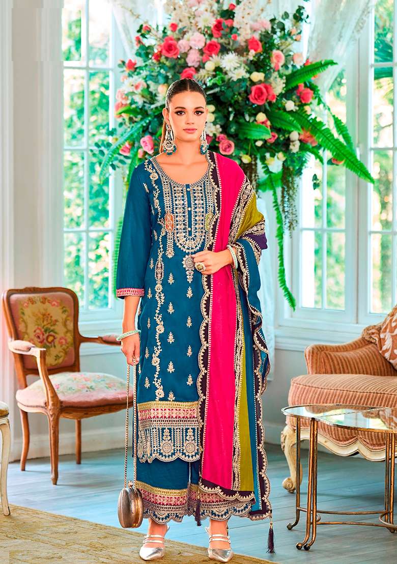 Blue Embroidered Chiffon Pakistani Suit Set - Indya